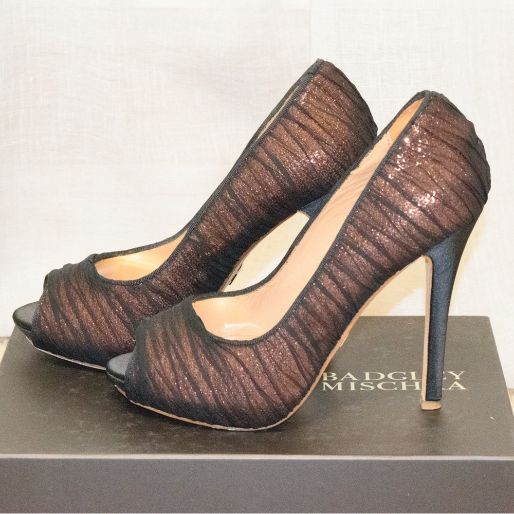Badgley Mischka Black and Bronze Peep-Toe Heels with a small platform